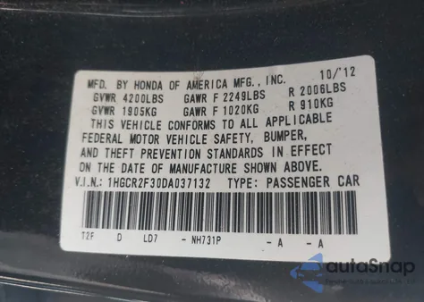 2013 Honda Accord Lx из США, поврежденный, VIN 1HGCR2F30DA037132